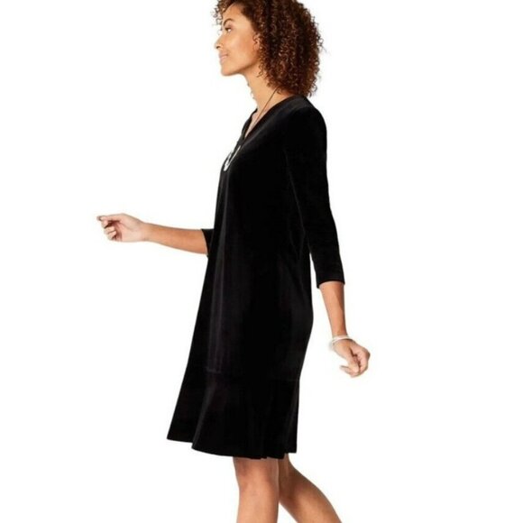 J Jill Wearever‎ Velvet Shift Dress Women Plus 2X Black 3/4 Sleeve Flounce Hem - Picture 2 of 8